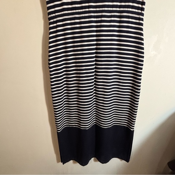 TALBOTS Sz M Navy and White Striped Cap Sleeve Drawstring Maxi Dress Side Slit - Picture 8 of 11